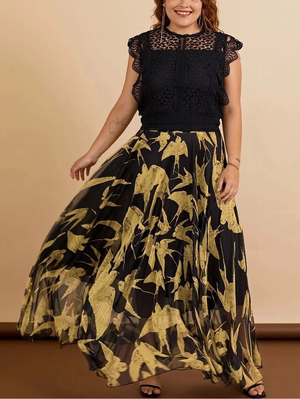 Chicwish Black Gold Swallows Bird Chiffon Maxi Skirt XL